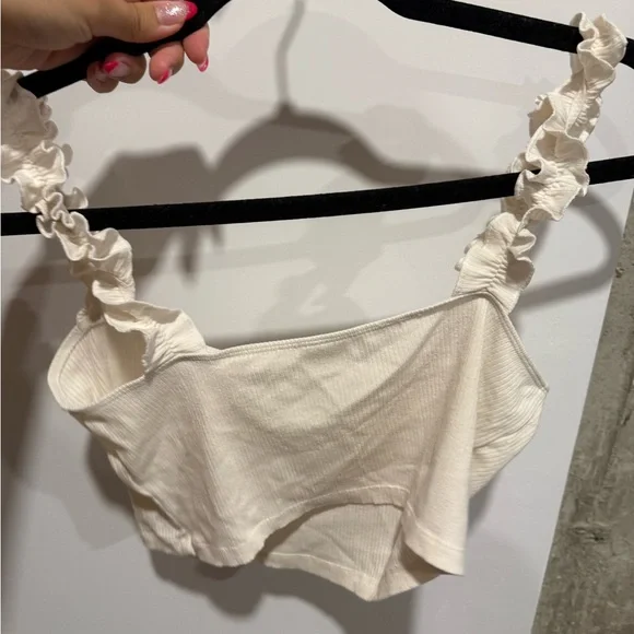 Aritzia Cream Ribbed Ruffle Strap Top - Picture 3 of 3